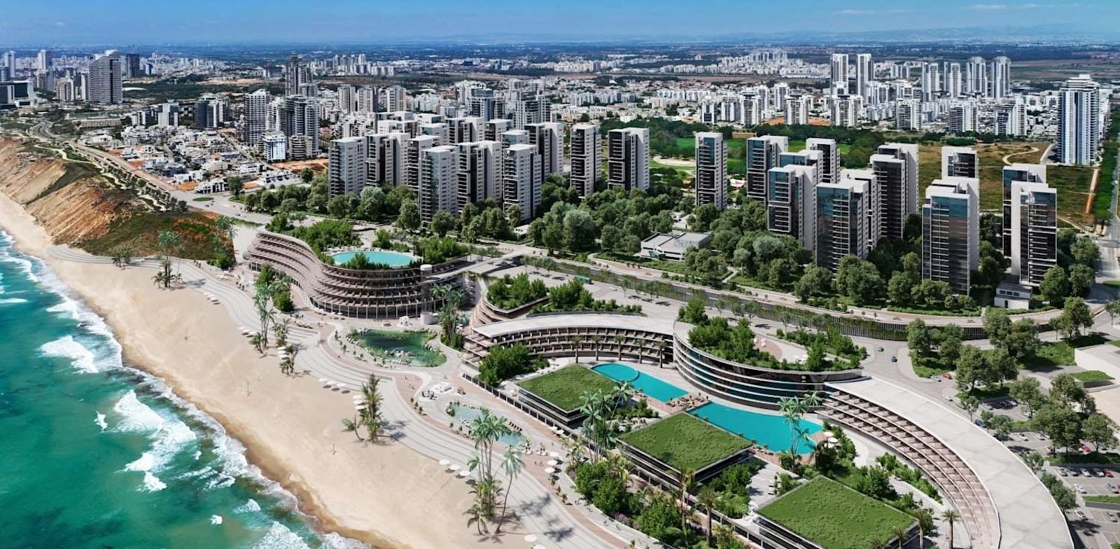 Aerial view of the Netanya coastline and its beachfront neighborhoods