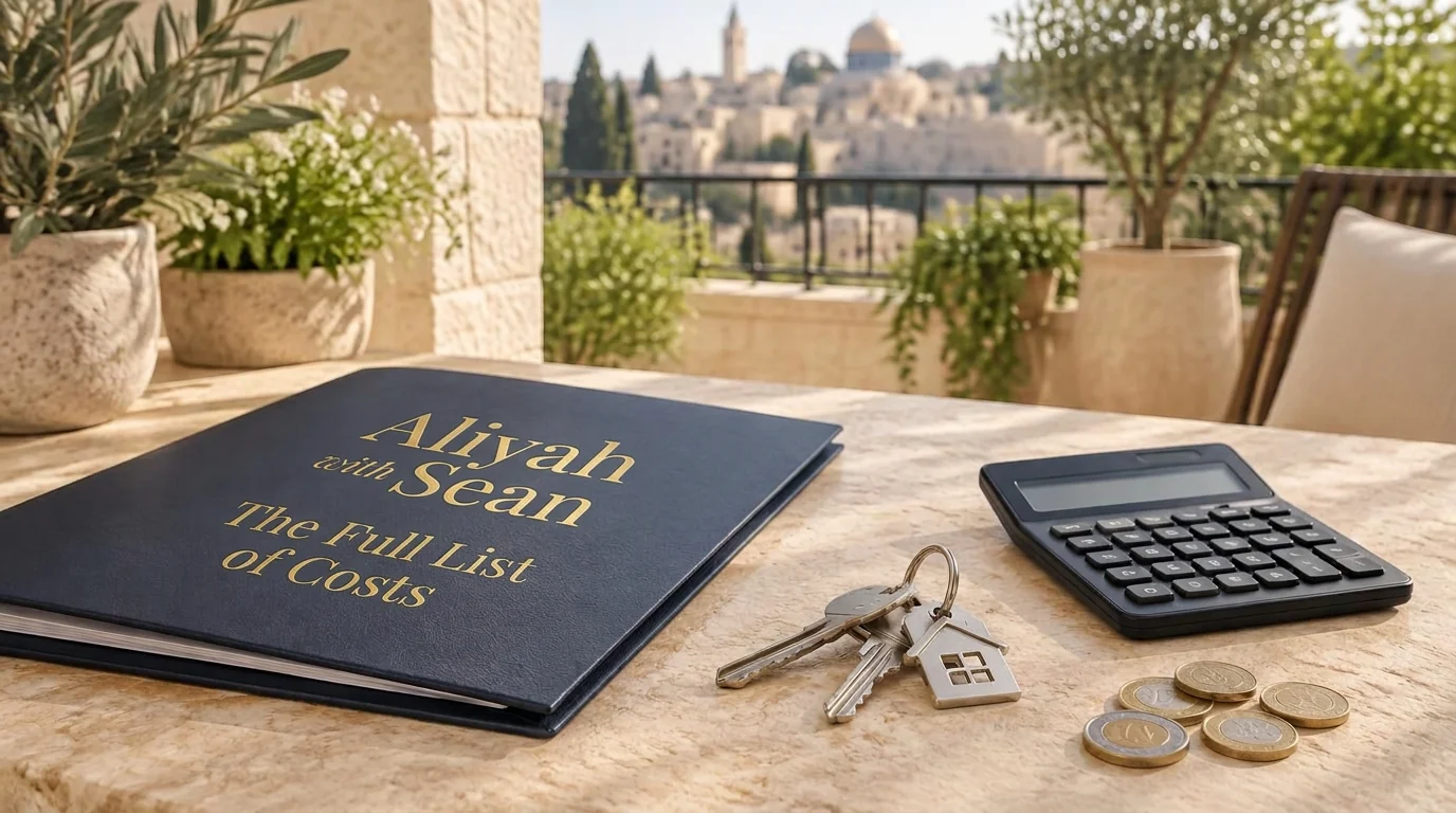 A navy folder bearing Aliyah with Sean and The Full List of Costs, with house keys, a calculator and shekel coins on a light stone desk